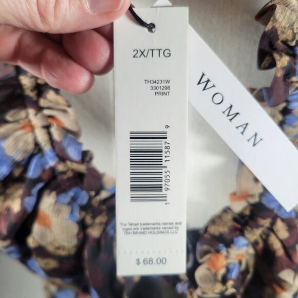 NWT TAHARI Woman Black Boho Floral Semi-Sheer Lined Ruffle Blouse Size 2X - Picture 6 of 10